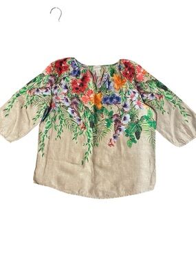 Chico's Multicolor Tropical Floral Linen Blend Top in Beige Base